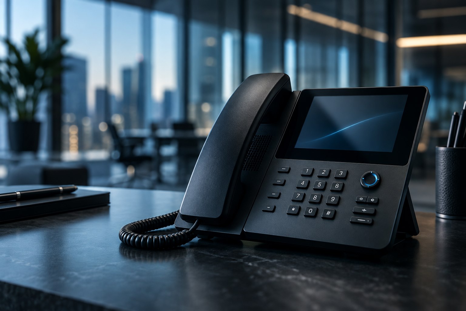 Telefone IP em um escritório contemporâneo
